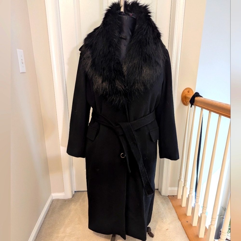 Calvin Klein black faux fur collar wool coat